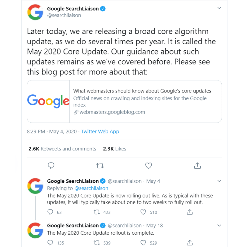 Google Core kan officiële tweet bijwerken
