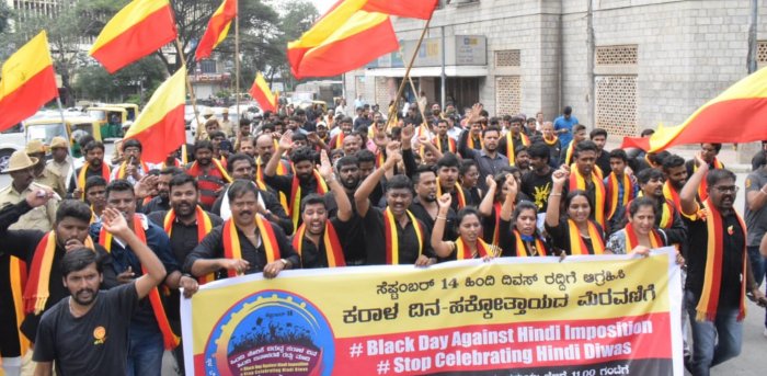 Several pro-Kannada organisations observed 'Black Day against Hindi imposition' on September 14. Credit: DH 