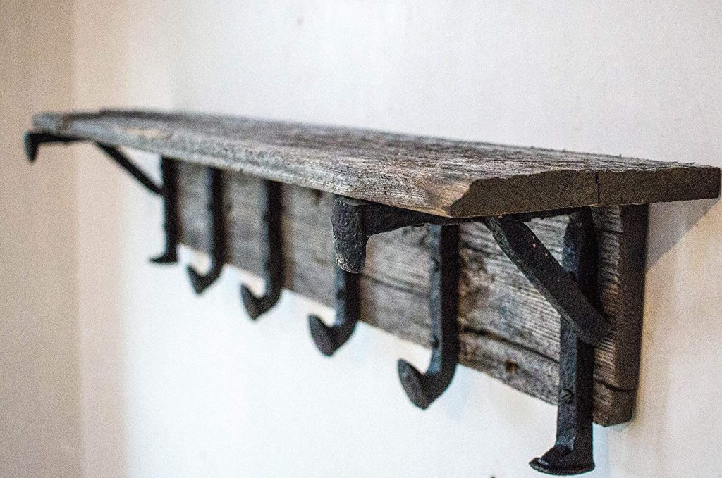 Rustic Wall Mounted Authentic Barn Wood Shelf with Hangers