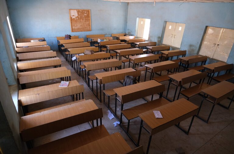 An empty classroom at the Government Science Secondary School in Kankara, Nigeria, where more than 300 boys were abducted.