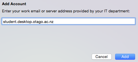 Screenshot of text box showing server address student.desktop.otago.ac.nz