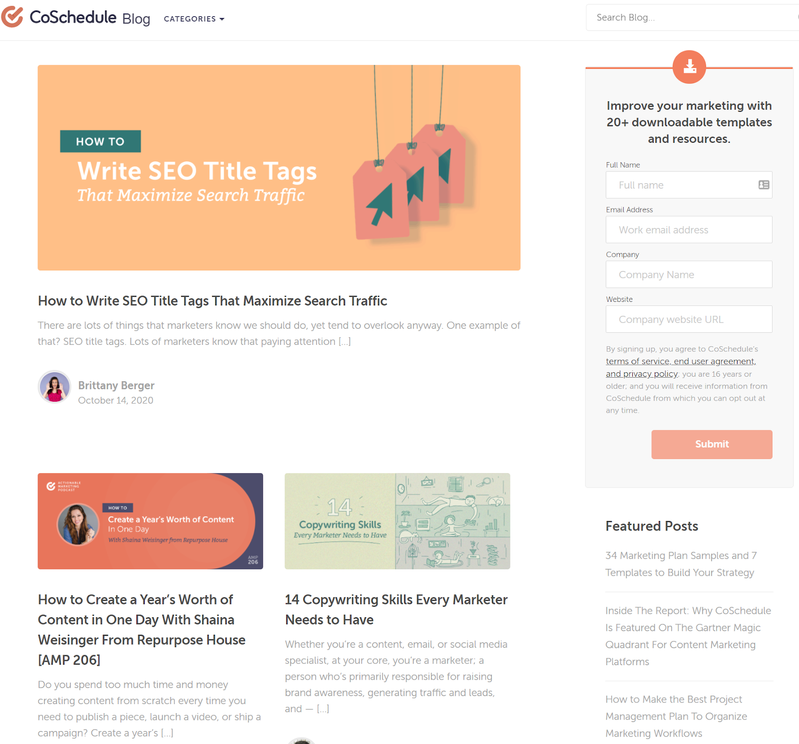 Screenshot of CoSchedule blog homepage as part of their creative marketing strategy. 