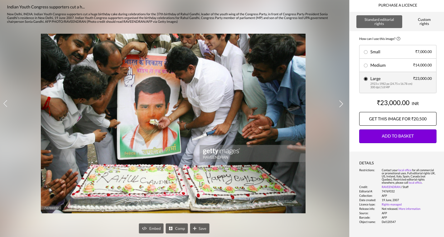 Image of Congress workers celebrating Rahul Gandhi's 37th birthday by RAVEENDRAN/AFP via Getty Images