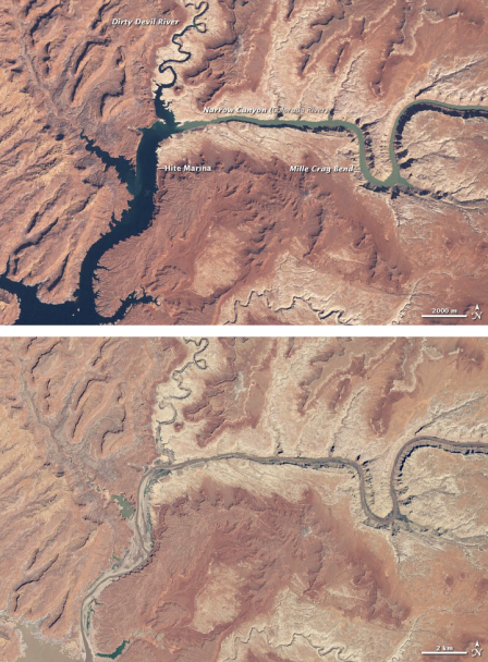 Two satellite images of Lake Powell and Colorado River, one from 1999 and the other from 2014. The 2014 image shows that the lake and river have dried up significantly.