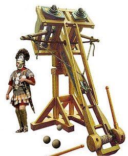 The ballista, plural ballistae, was an ancient missile weapon that launched a large projectile at a distant target. Developed from earlier Greek weapons, it relied upon different mechanics, using two levers with torsion springs instead of a prod, the springs consisting of several loops of twisted skeins. Early versions projected heavy darts or spherical stone projectiles of various sizes for siege warfare. It developed into a smaller sniper weapon, the scorpio, and possibly the polybolos.