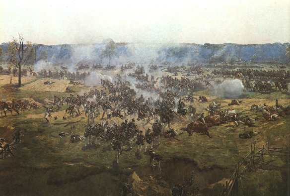 Ney’s infantry push Russian grenadiers back from the flèches (which can be seen from the rear in the background). Detail from the Borodino Panorama.