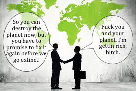 A graphic showing two businessmen shaking hands as they discuss destroying the planet.