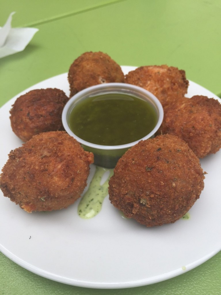 Black bean croquettes with cilantro sauce and chimichurri from Pina Colada Club at the Caribe Hilton