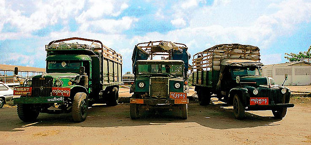 Trucks from the World War 2 still going strong in Myanmar Burma Traffic