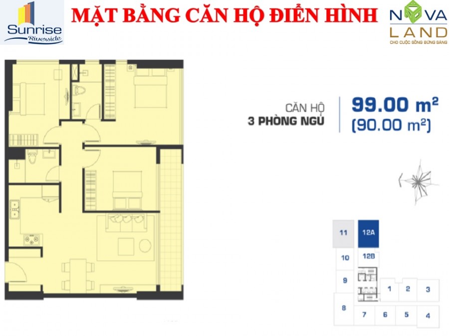 Mặt bằng căn hộ điển hình 3 phòng ngủ 99 m2
