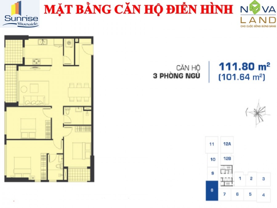 Mặt bằng căn hộ điển hình 3 phòng ngủ 111 m2