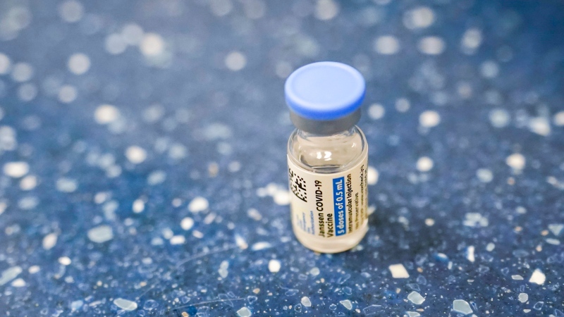 A vial with the Johnson & Johnson's one-dose COVID-19 vaccine is seen at the Vaxmobile, at the Uniondale Hempstead Senior Center, Wednesday, March 31, 2021, in Uniondale, N.Y. (AP Photo/Mary Altaffer)