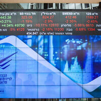 A stock market ticker in the lobby of the Tel Aviv Stock Exchange, March 15, 2020. (Flash90)