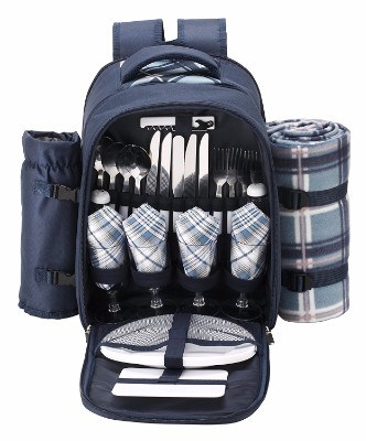 #1 VonShef - 4 Person Blue Tartan Picnic Backpack With Cooler Compartment