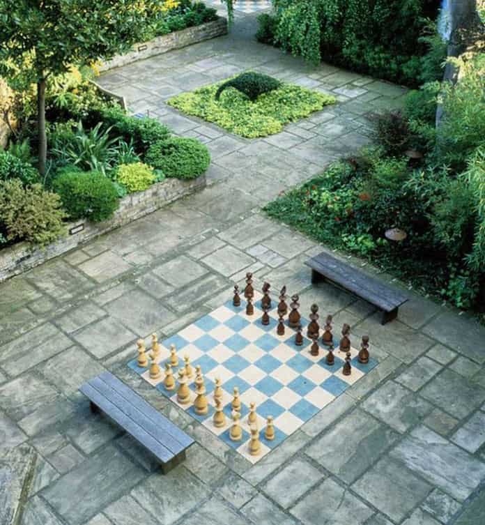 Peaceful courtyard with giant chessboard