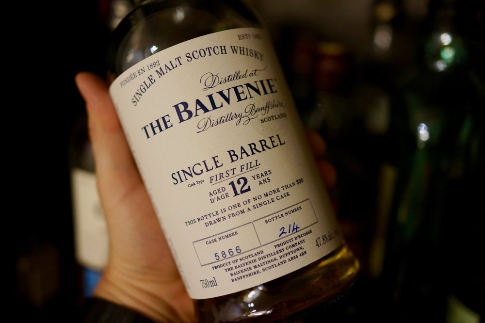 Single Barrel whiskies (like this Balvenie) are bottled from the barrel it aged in.
