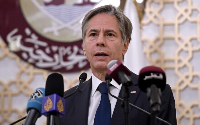 US Secretary of State Antony Blinken speaks during a joint press conference at the Ministry of Foreign Affairs in the Qatari capital Doha, on September 7, 2021. (Olivier Douliery/Pool/AFP)