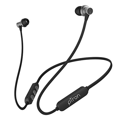 pTron Bassfest Plus Magnetic In Ear Bluetooth 5.0 Wireless Headphones with Mic, Stereo Sound with Bass, IPX4 Water & Sweat Resistant, Voice Assistance, Ergonomic & Lightweight - (Black & Grey)