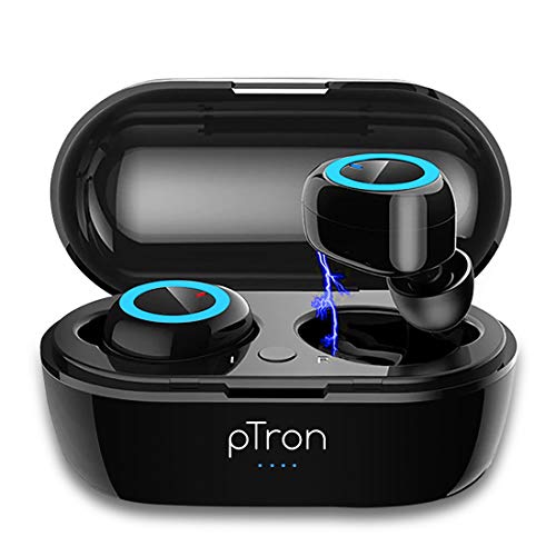 pTron Bassbuds In Ear True Wireless Bluetooth 5.0 Headphones with Mic, Hi-Fi Deep Bass, 20Hrs Playtime with Case, Ergonomic Sweatproof Earbuds, Noise Isolation, Voice Assistance & Built-in Mic - (Black)
