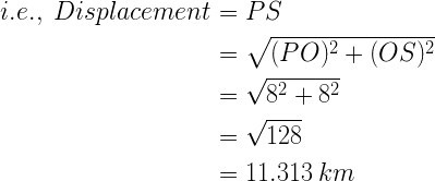 Large begin{aligned}i.e.,; Displacement & = PS \&= sqrt{(PO)^{2} + (OS)^{2}} \&= sqrt{8^{2} + 8^{2}} \&= sqrt{128} \&= 11.313;km end{aligned}