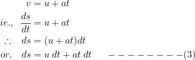 large begin{aligned} v&=u+at \ie.,;;frac{ds}{dt}&=u+at \therefore;;; ds&=(u+at)dt \or,;;;ds&=u;dt+at;dt;;;;;--------(3) end{aligned}