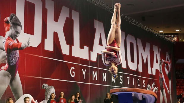 Oklahoma's Allie Stern competes on the vault during a women's gymnastics competition between the University of Oklahoma and Alabama at the Lloyd Noble Center in Norman, Okla.