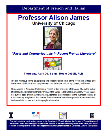 Poster for Alison James' event “Facts and Counterfactuals in Recent French Literature”