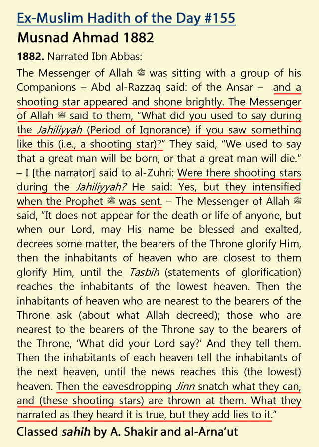 r/exmuslim - HOTD 155: Muhammad says shooting stars are missiles shot at devils in the sky who are trying to overhear Allah’s revelation: Part 1