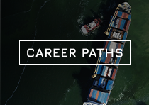 Cargo container in the ocean with the text Career Paths placed over top of the image