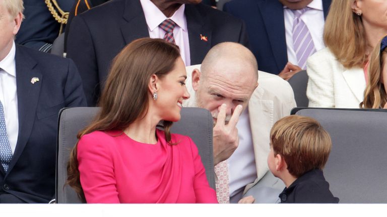 The Duchess of Cambridge, Prince Louis and Mike Tindall during the Platinum Jubilee Pageant in front of Buckingham Palace, London, on day four of the Platinum Jubilee celebrations. Picture date: Sunday June 5, 2022.