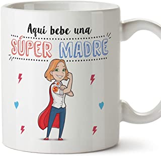MUGFFINS Tazas Mama para Madres - AQUÍ Bebe UNA Super Madre - Taza Desayuno Original 350 ml - Idea Regalo para el día de l...