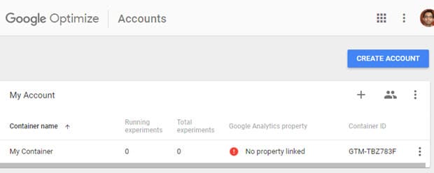 google optimize accounts page