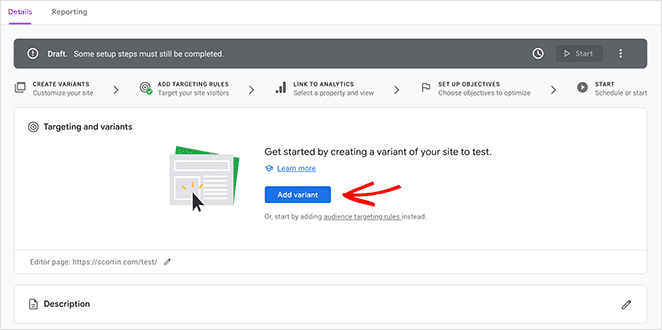 Add a variant button in Google Optimize