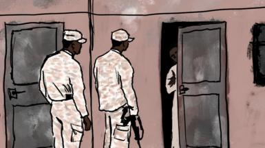 Illustration of soldiers at front door