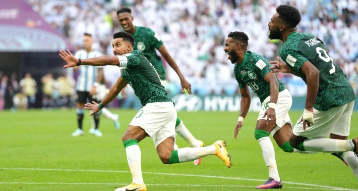 Salem Al-Dawsari celebrates scoring for Saudi Arabia against Argentina in their FIFA World Cup match at Lusail Stadium, Lusail, Qatar, November 2022.