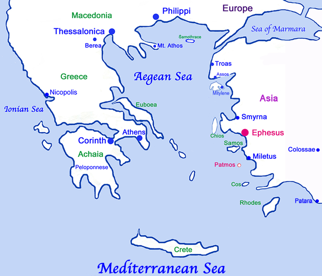 Biblical Map of Ephesus, Macedonia, and Greece during Paul's Third Missionary Journey.