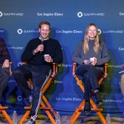 brandon cronenberg, left, alexander skarsgard and mia goth speak with mark olsen during a panel for “infinity pool” at la times talks during the sundance film festival presented by chase sapphire on friday, jan 20, 2023, in park city, utah