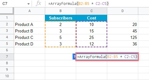 arrayformula formula spreadsheet