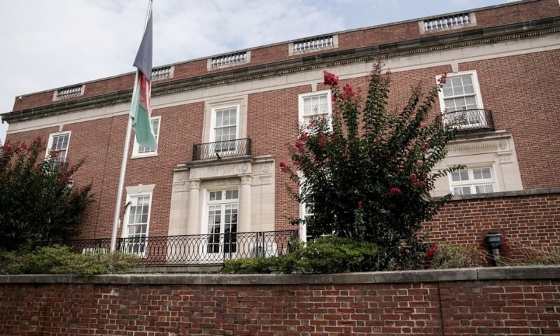 An Afghan flag flutters outside the Afghan embassy in Washington, US on August 15, 2021. — Reuters