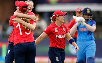 England's Lauren Bell celebrates after the dismissal of India's Shafali Verma at the T20 women's Cricket World Cup