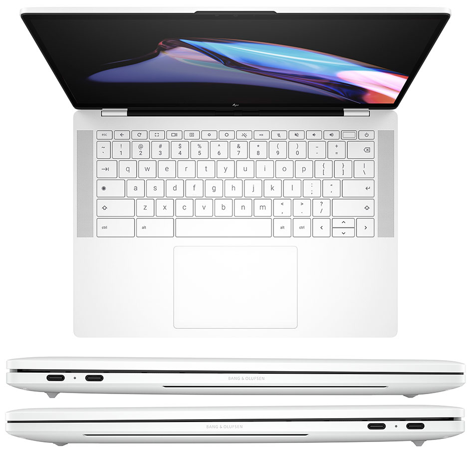 HP Dragonfly Pro Chromebook de 14 polegadas, em Ceramic White vista superior e lateral