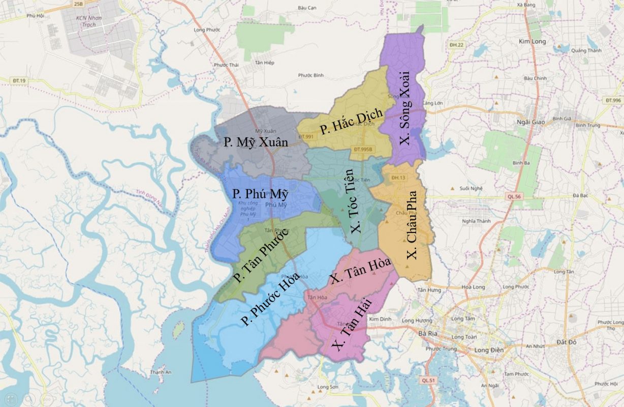 Bản đồ các địa giới hành chính thị xã Phú Mỹ
