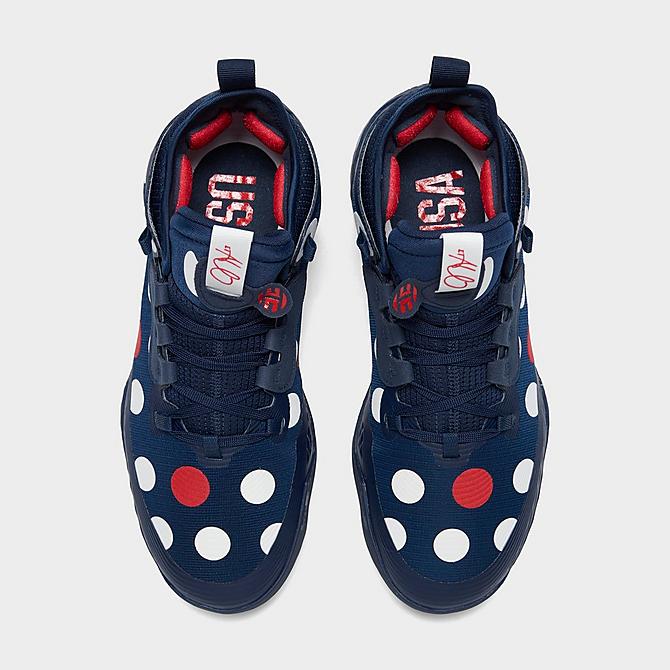 Back view of adidas Harden Vol. 5 Futurenatural Basketball Shoes in Team Navy Blue/Footwear White/Vivid Red Click to zoom