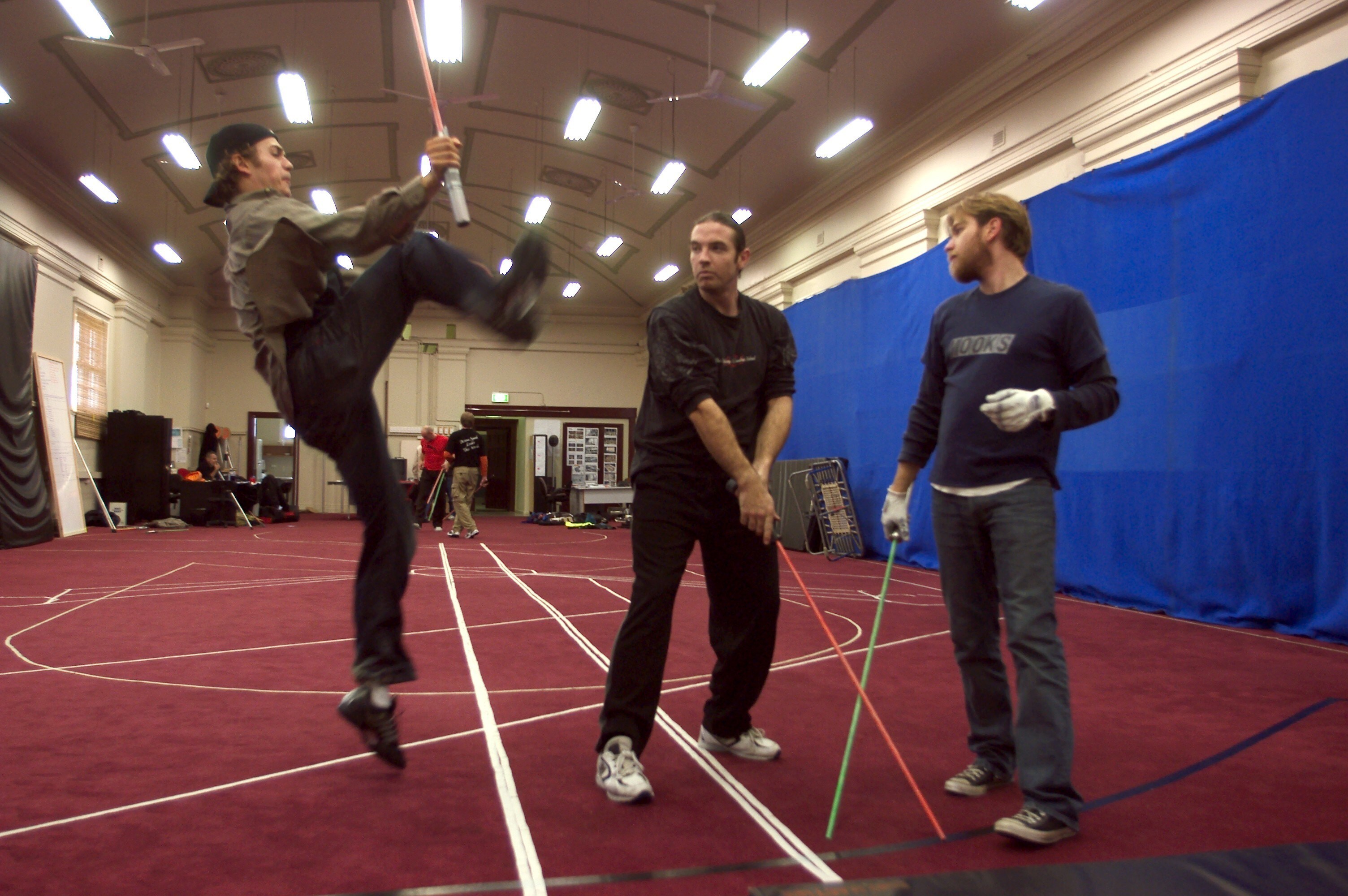 Hayden Christensen (left) and Ewan McGregor (far right) practice choreography for the climactic f...