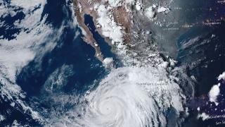 A satellite image of Hurricane Hilary as it approaches Baja California, Mexico