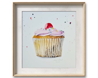 Cupcake watercolor digital print with cherry, muffin, candy, cake
